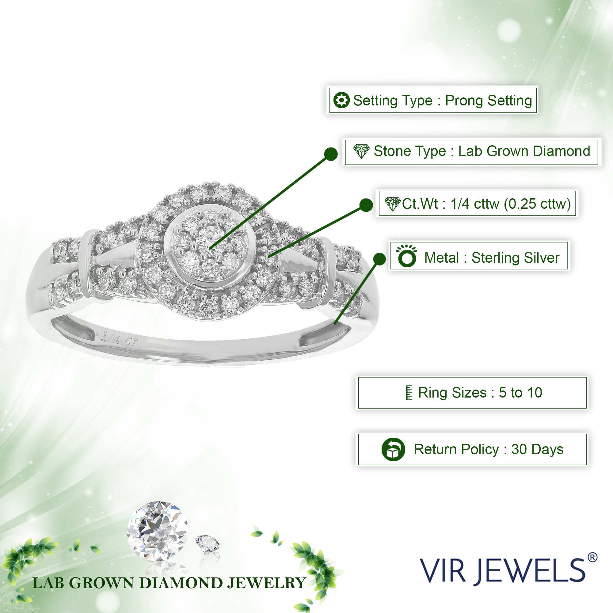 1/4 cttw Diamond Engagement Ring for Women, Round Lab Grown Diamond Ring in 0.925 Sterling Silver, Prong Setting, Size 6-8