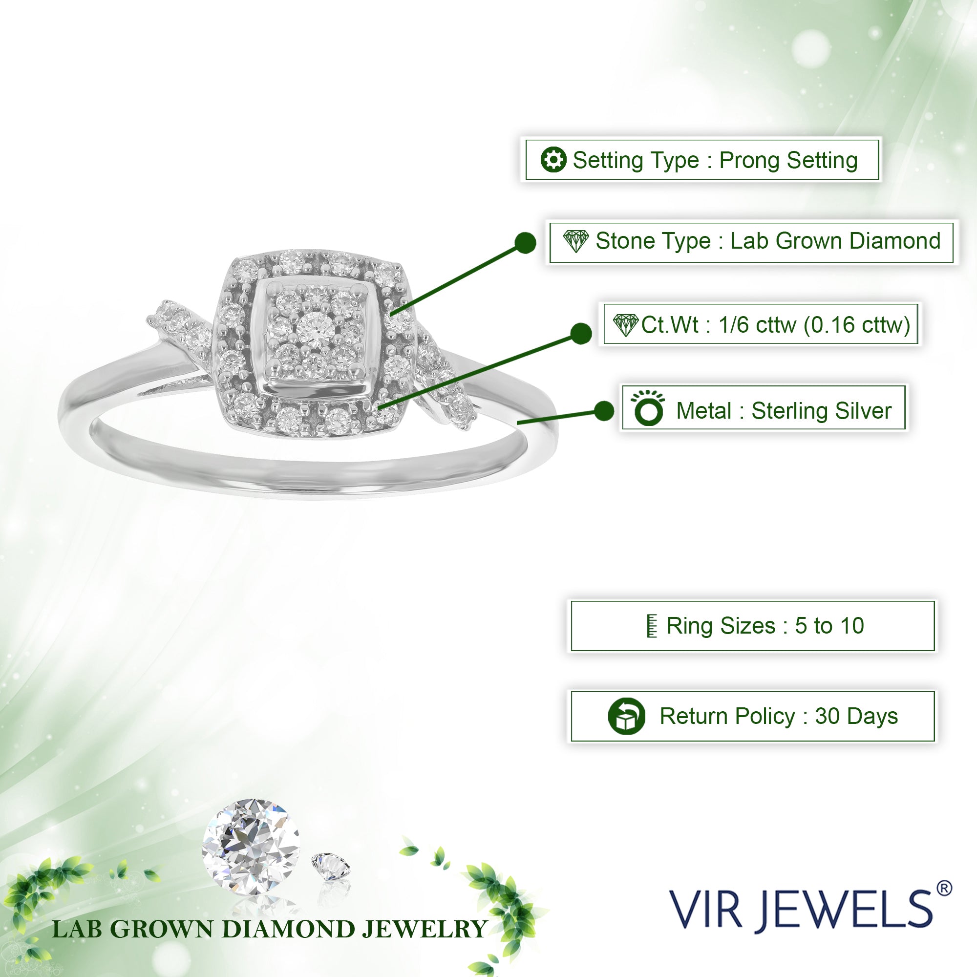 1/6 cttw Diamond Engagement Ring for Women, Round Lab Grown Diamond Ring in 0.925 Sterling Silver, Prong Setting, Size 6-8