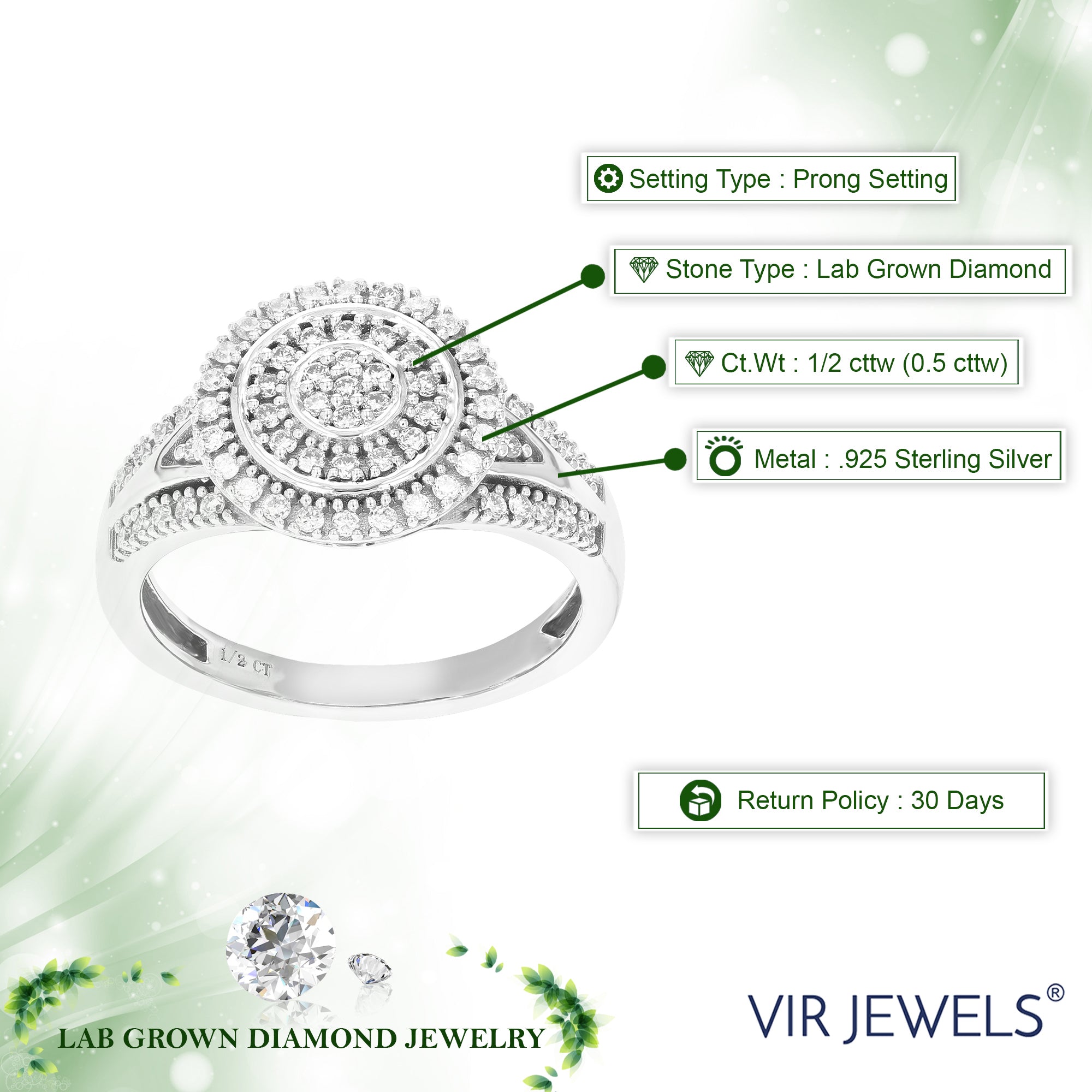1/2 cttw Diamond Engagement Ring for Women, Round Lab Grown Diamond Ring in 0.925 Sterling Silver, Prong Setting, Size 6-8