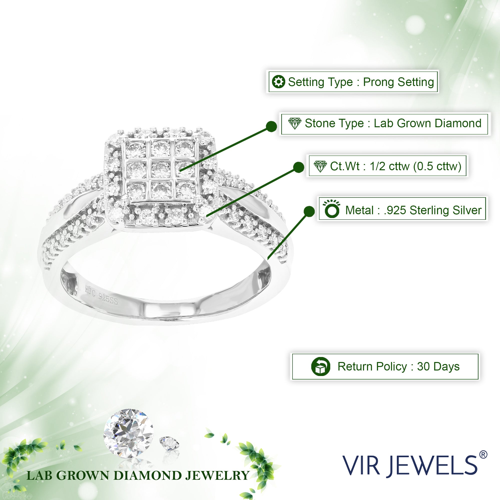 1/2 cttw Diamond Engagement Ring for Women, Round Lab Grown Diamond Ring in 0.925 Sterling Silver, Prong Setting, Size 6-8