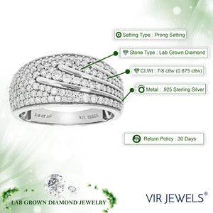 7/8 cttw Round Cut Lab Grown Diamond Wedding Band 109 Stones .925 Sterling Silver Prong Set