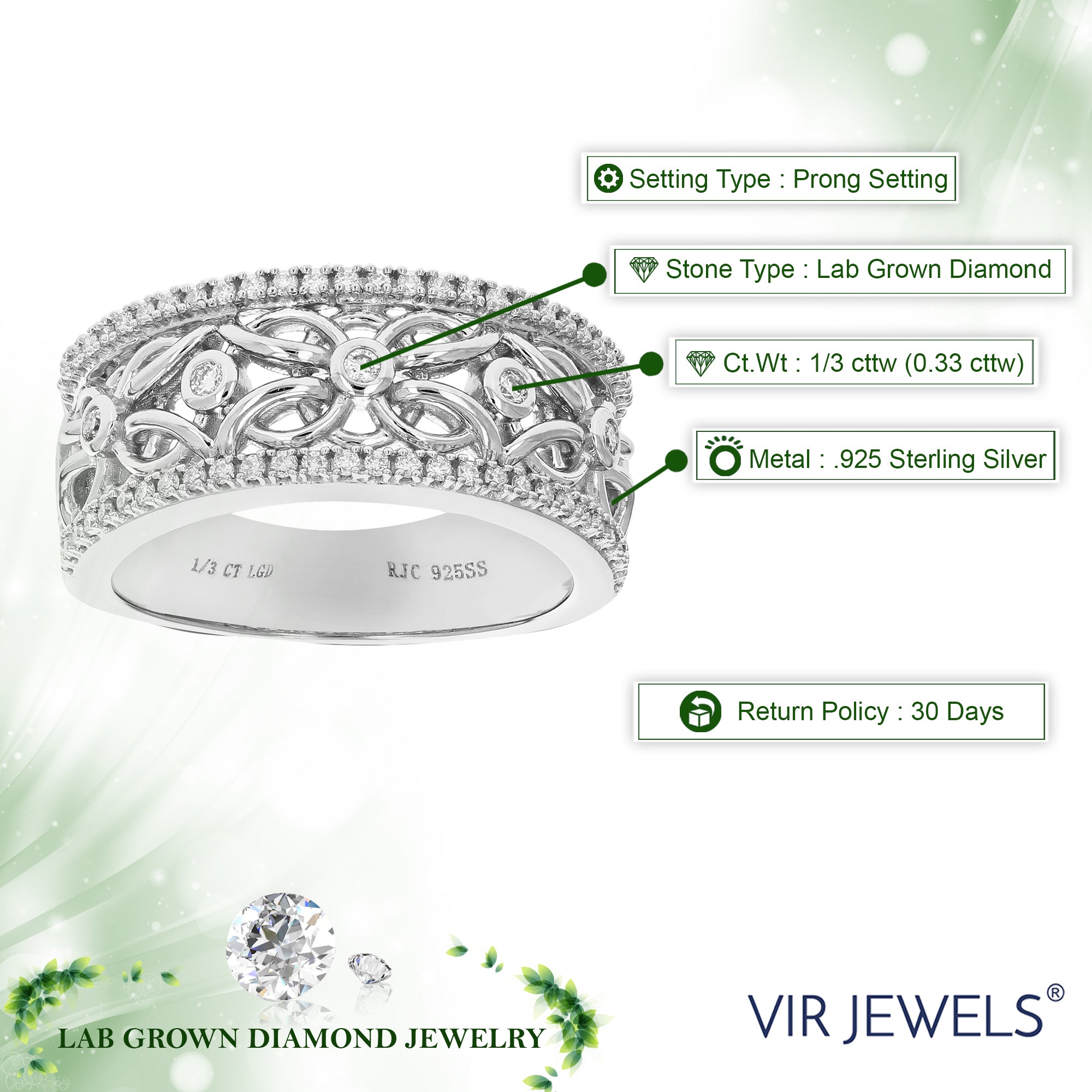 1/3 cttw Round Cut Lab Grown Diamond Wedding Band 61 Stones .925 Sterling Silver Prong Set