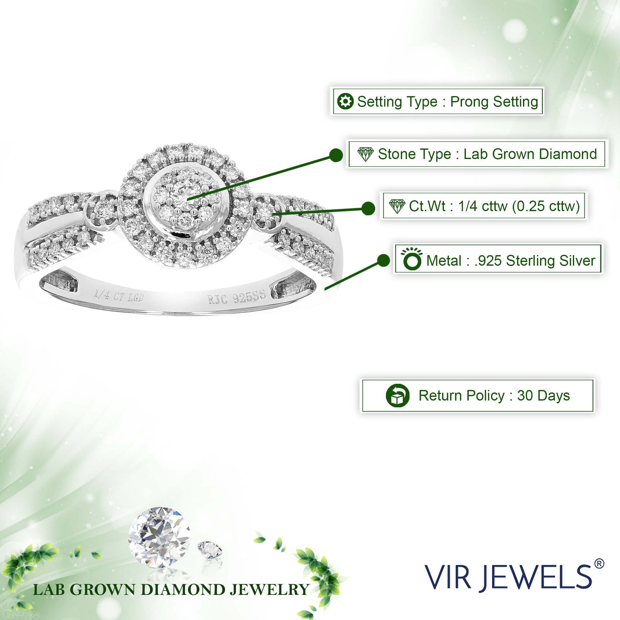 1/4 cttw Diamond Engagement Ring for Women, Round Lab Grown Diamond Ring in 0.925 Sterling Silver, Prong Setting, Size 6-8