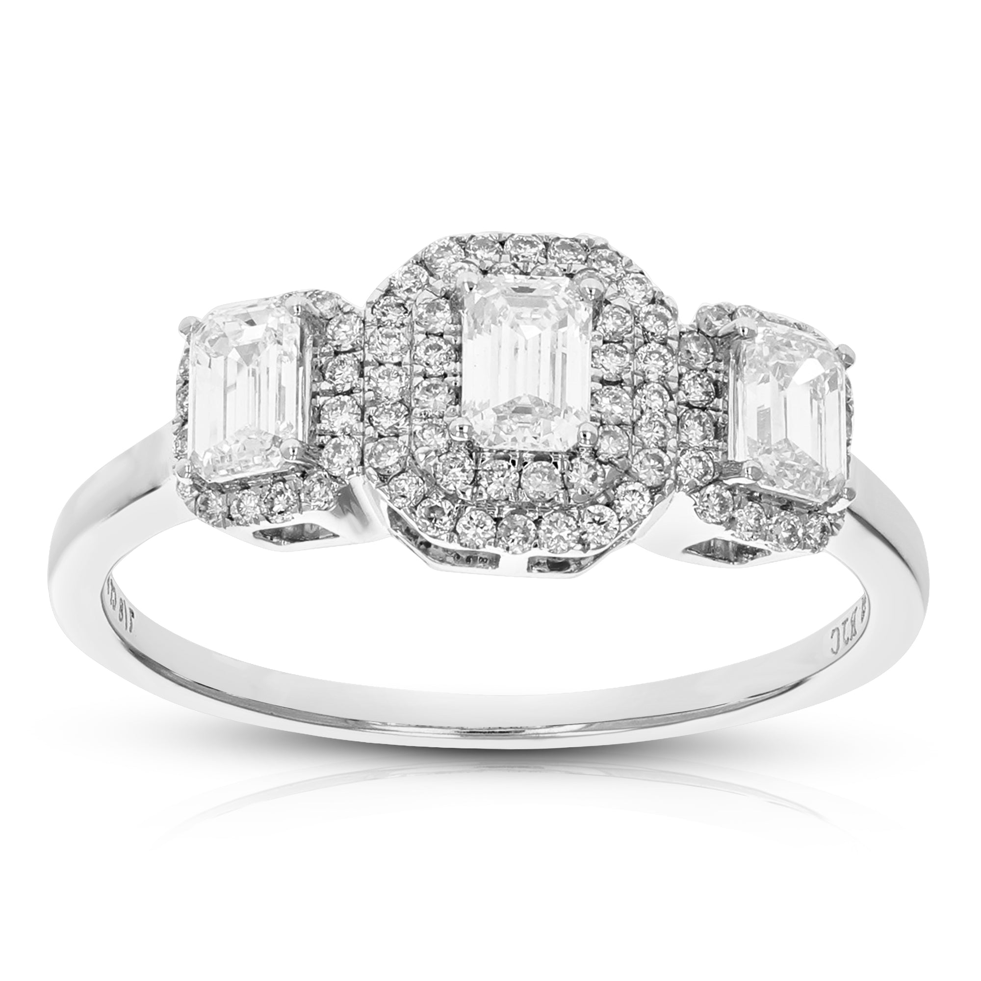 7/8 cttw Emerald Cut Lab Grown Diamond Engagement Ring 75 Stones 14K White Gold Prong Set 2/3 Inch