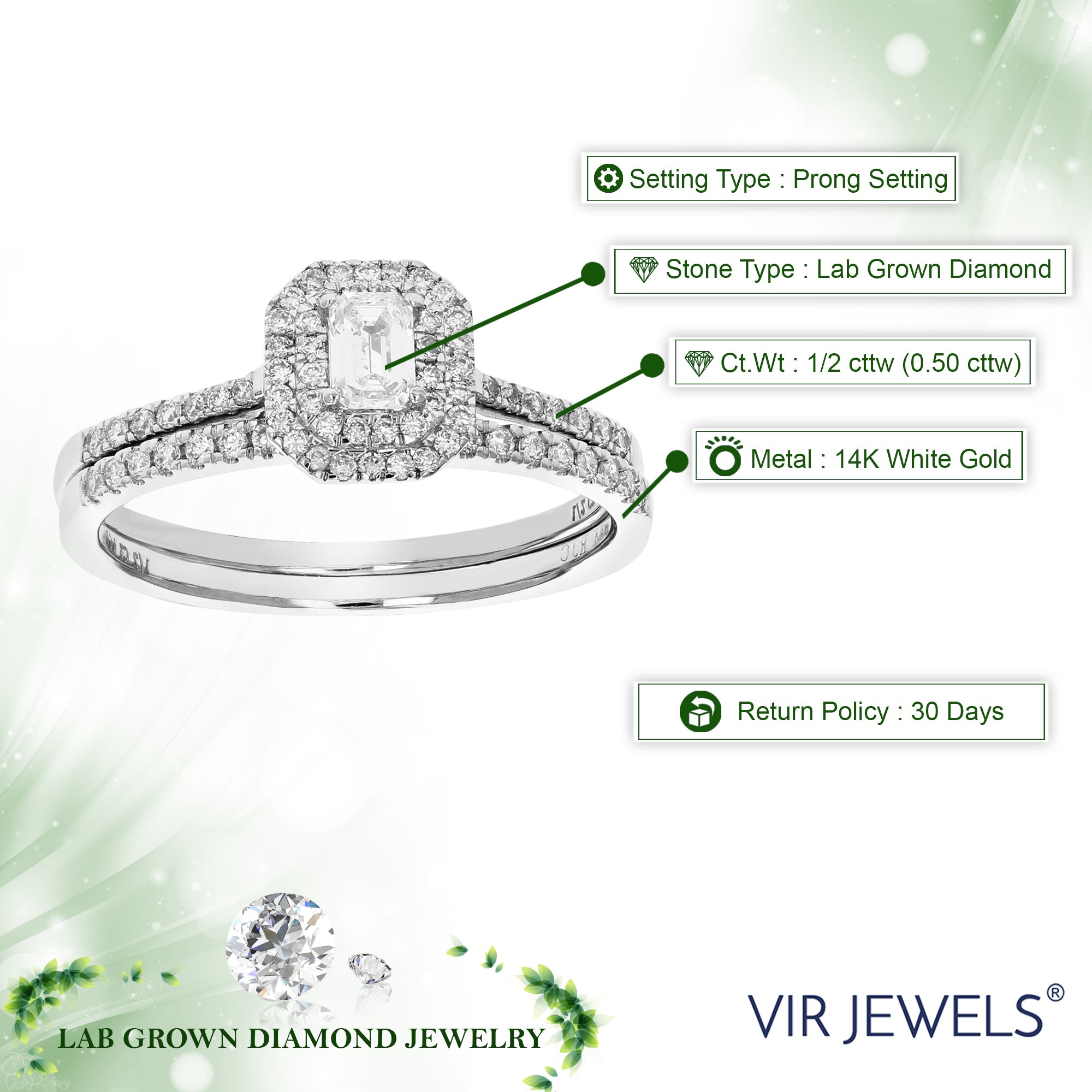 1/2 cttw Emerald Cut Lab Grown Diamond Bridal Set 72 Stones 14K White Gold Prong Set 3/4 Inch