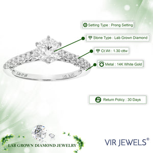 1.30 cttw Round Lab Grown Diamond Engagement Ring 31 Stones 14K White Gold Prong Set 3/4 Inch