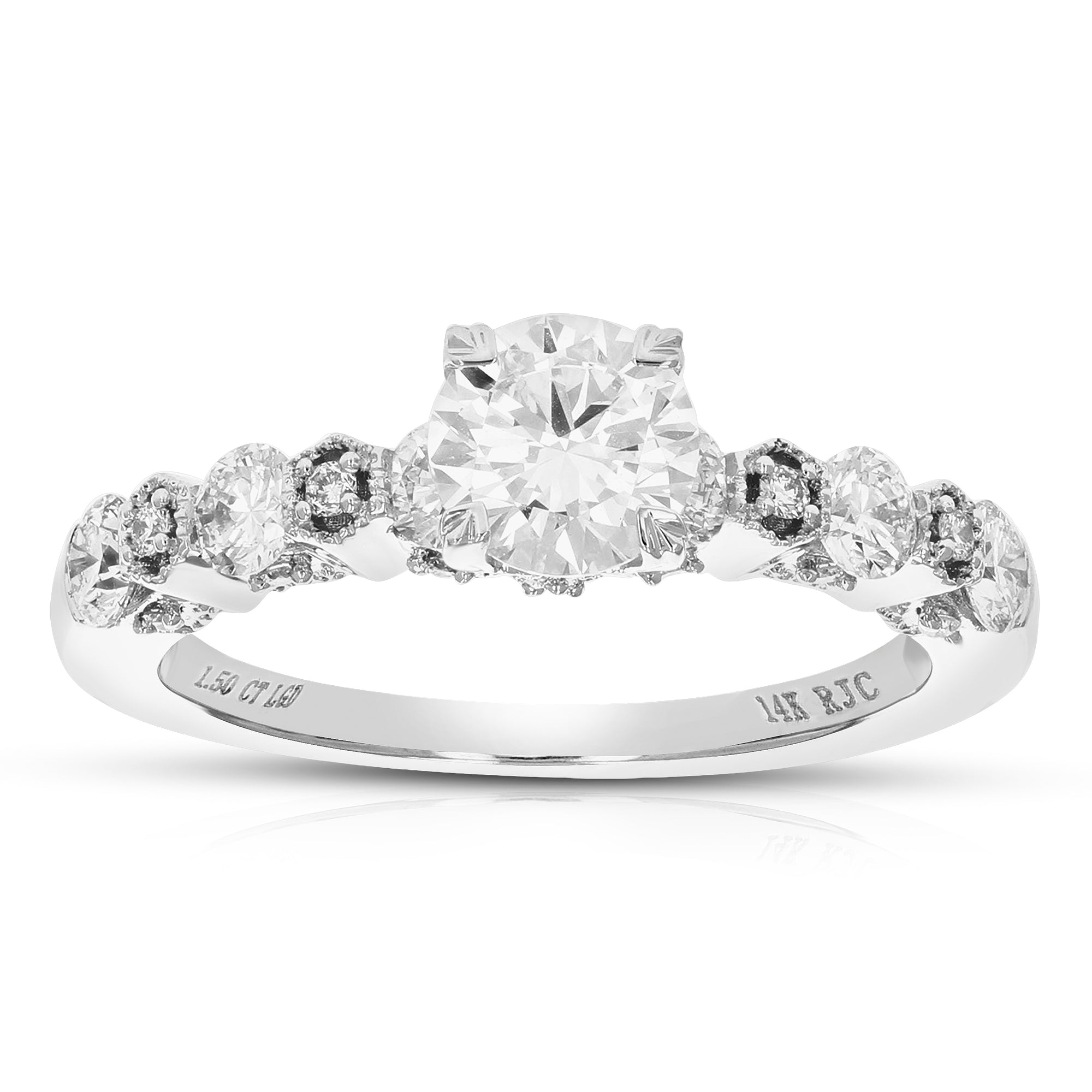 1.50 cttw Round Lab Grown Diamond Engagement Ring 25 Stones 14K White Gold Prong Set 3/4 Inch