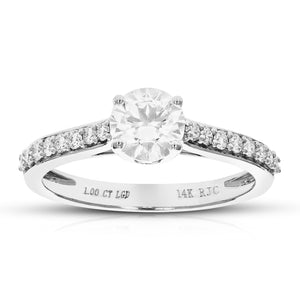 1 cttw Round Lab Grown Diamond Engagement Ring 17 Stones 14K White Gold Prong Set 3/4 Inch