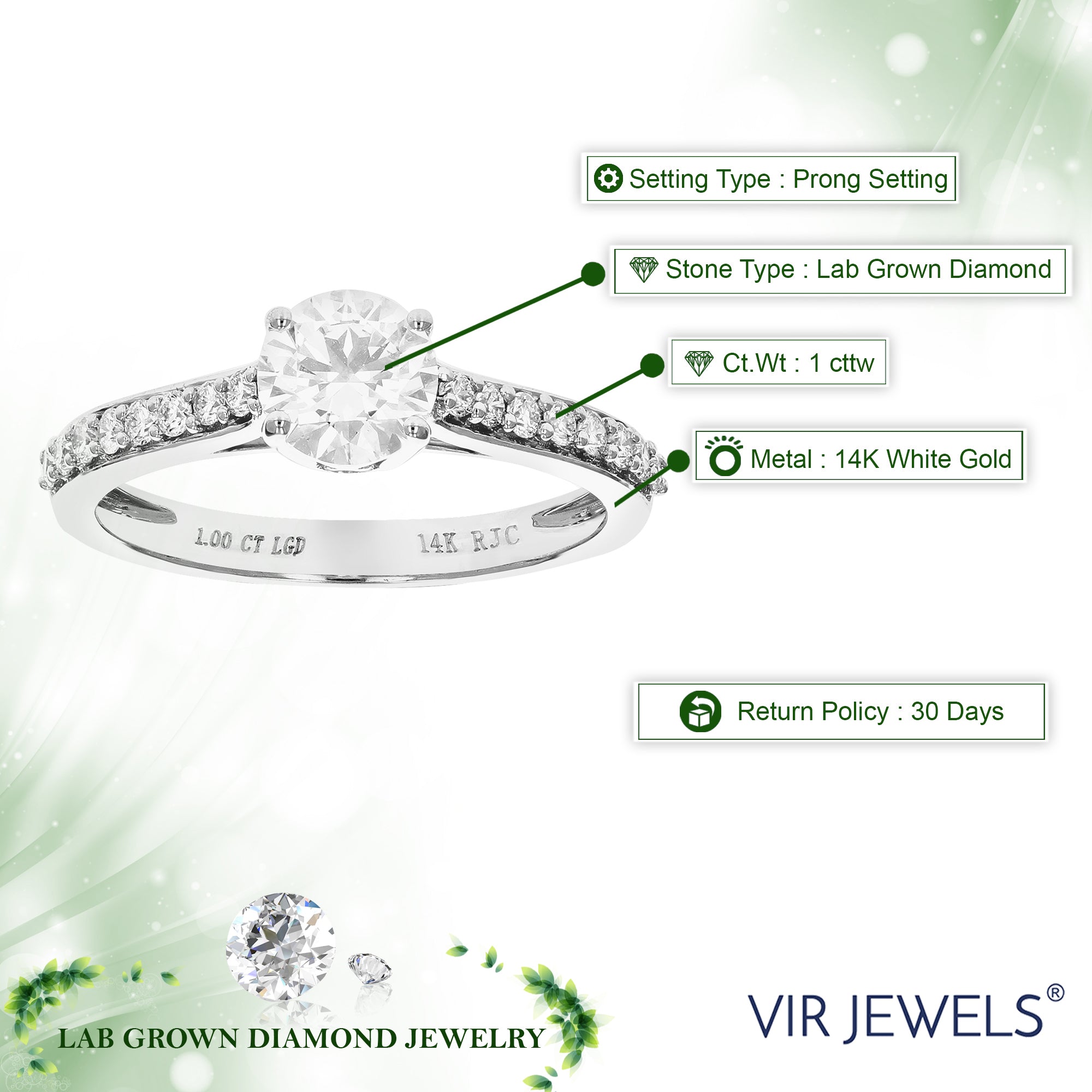 1 cttw Round Lab Grown Diamond Engagement Ring 17 Stones 14K White Gold Prong Set 3/4 Inch