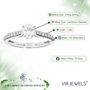 1 cttw Round Lab Grown Diamond Engagement Ring 17 Stones 14K White Gold Prong Set 3/4 Inch