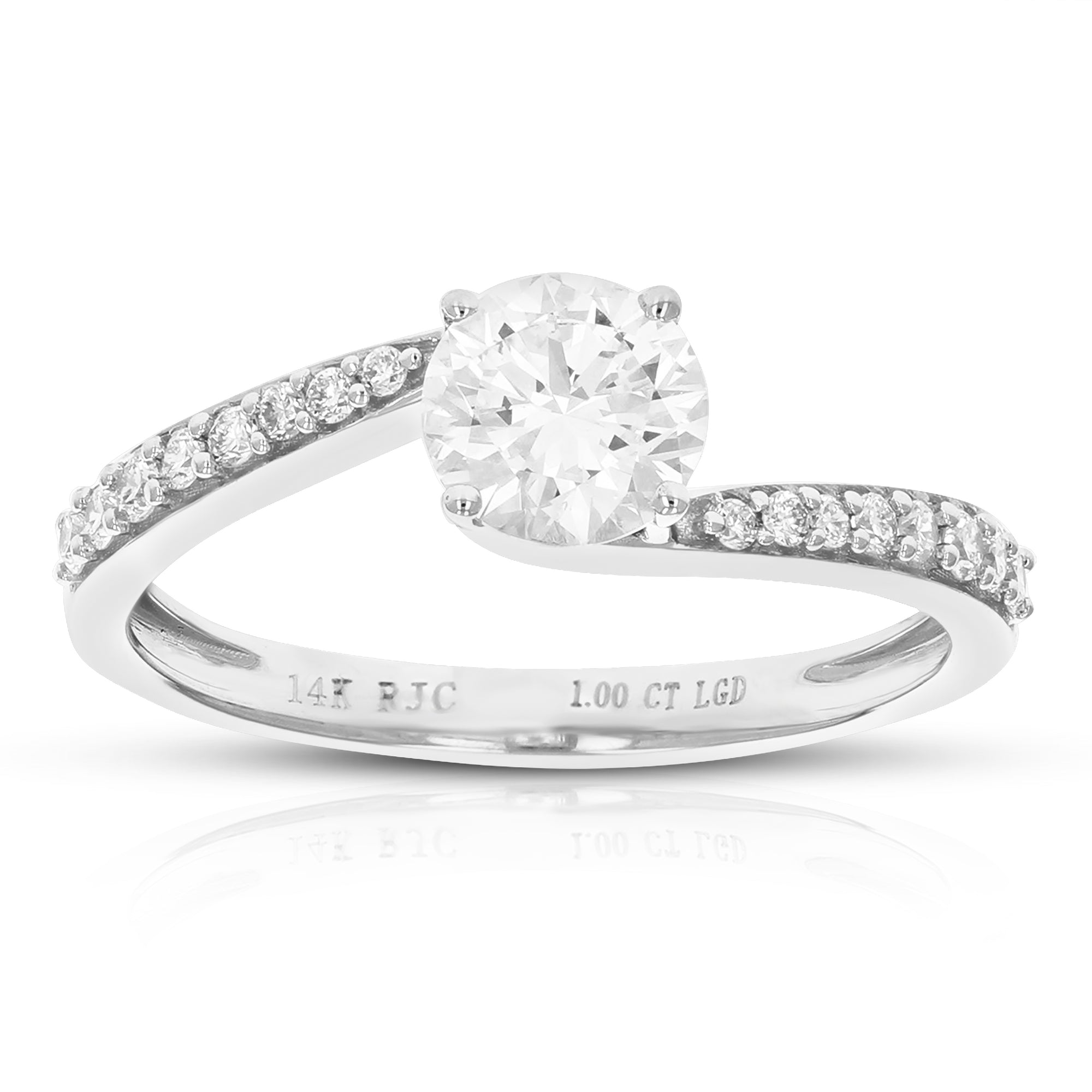 1 cttw Round Lab Grown Diamond Engagement Ring 17 Stones 14K White Gold Prong Set 3/4 Inch