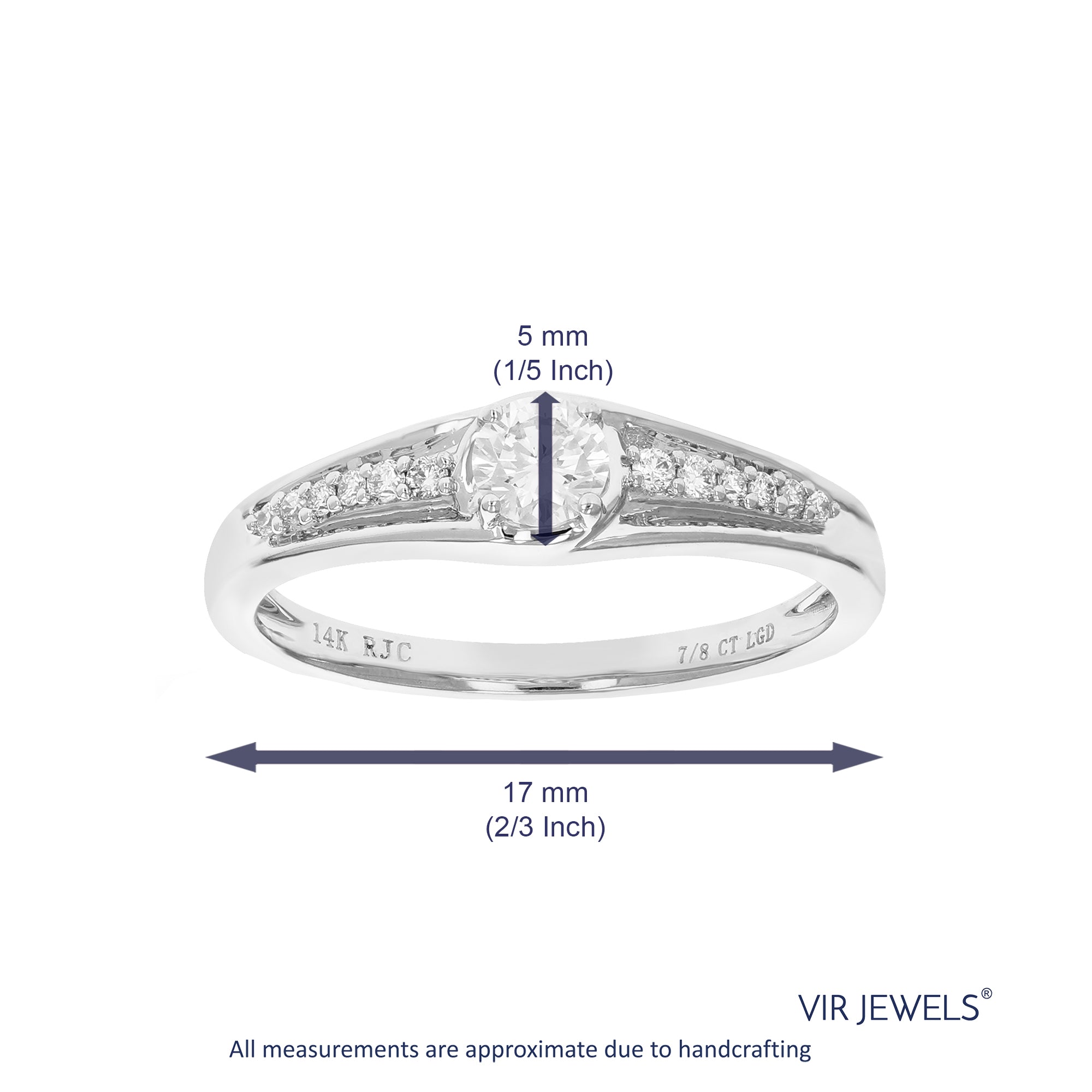 3/4 cttw Round Lab Grown Diamond Engagement Ring 14 Stones 14K White Gold Prong Set 2/3 Inch