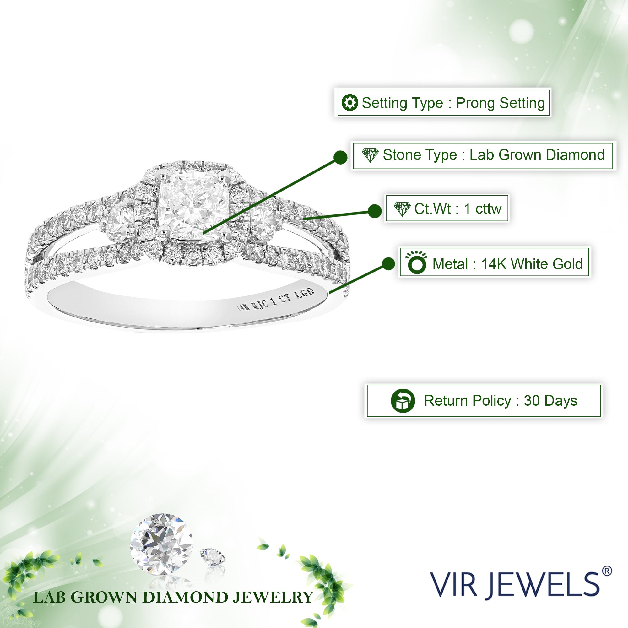 1 cttw Wedding Engagement Ring for Women, Round Lab Grown Diamond Ring in 14K White Gold, Prong Setting