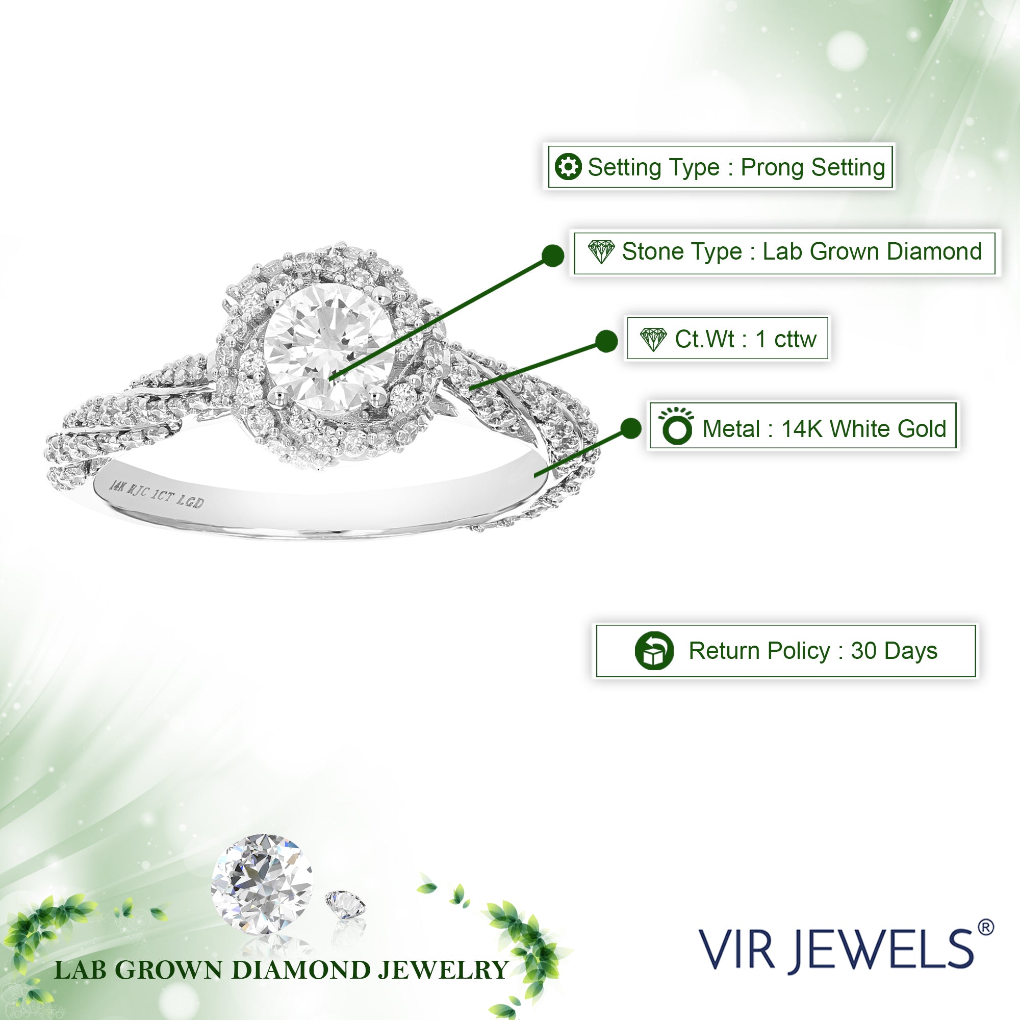1 cttw Wedding Engagement Ring for Women, Round Lab Grown Diamond Ring in 14K White Gold, Prong Setting