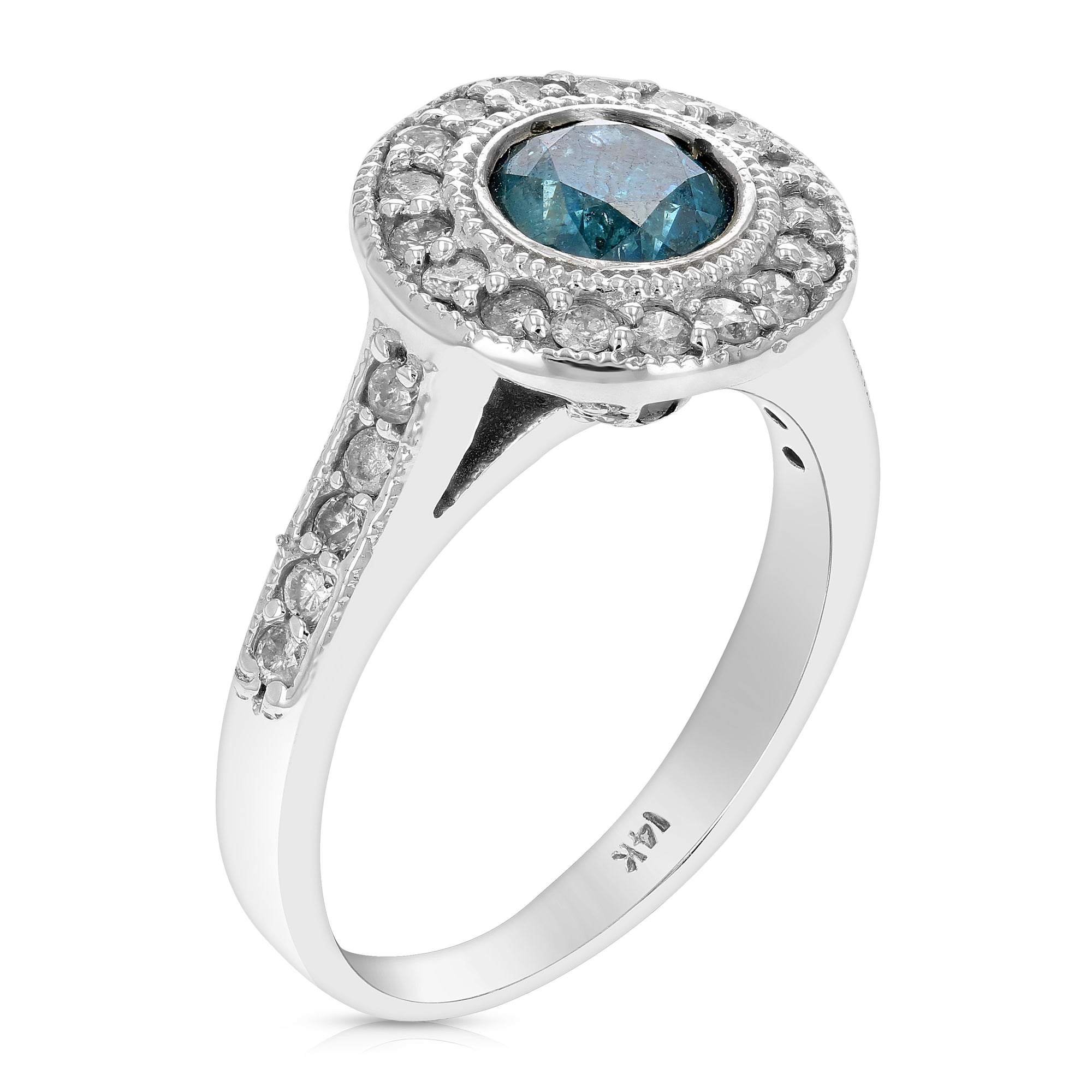 1 cttw Blue Diamond Engagement Ring 14K White Gold Halo Style Round Prong Size 7