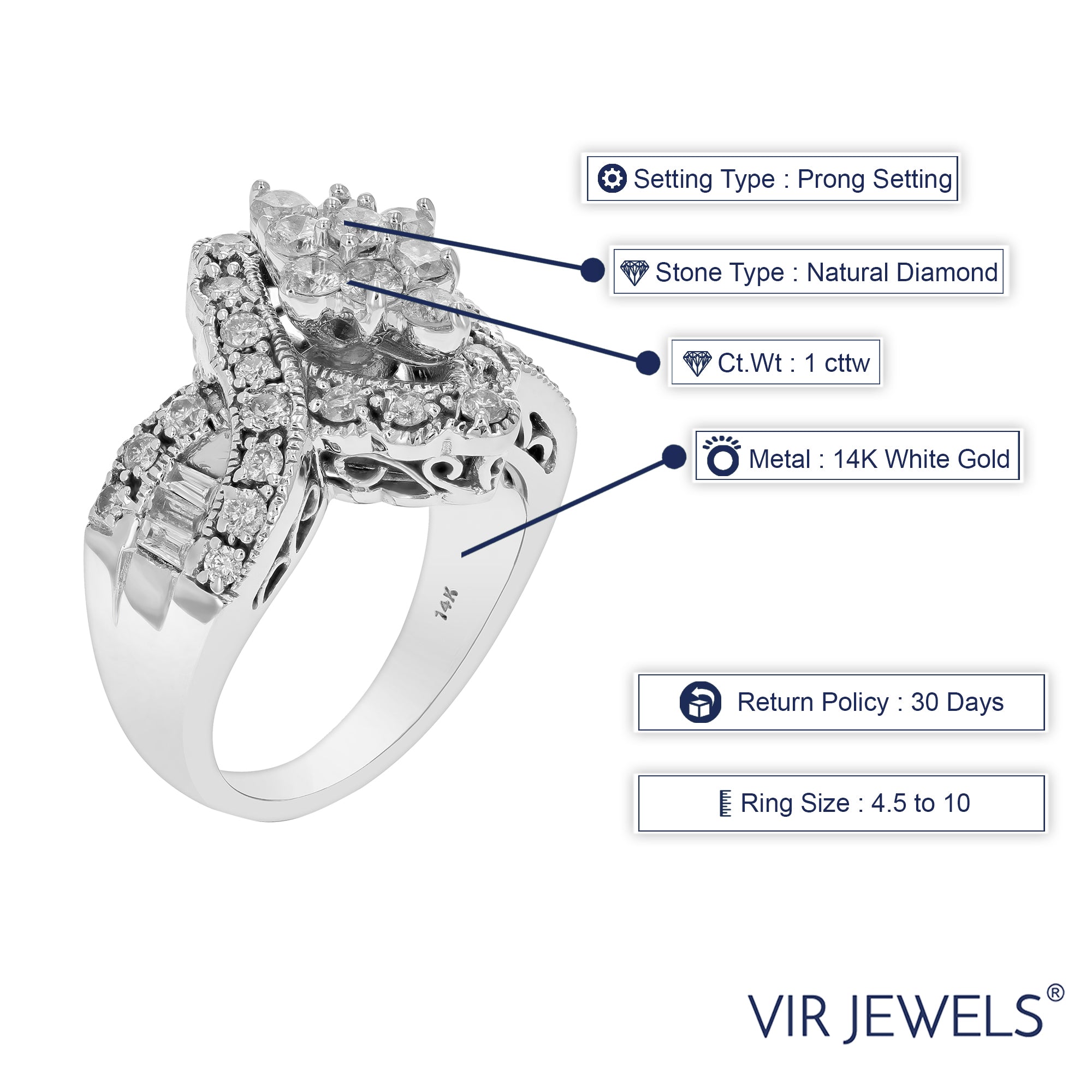 1 cttw Marquise Shape Diamond Cocktail Ring 14K White Gold Round Prong Size 6.5