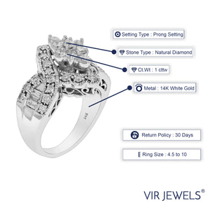 1 cttw Marquise Shape Diamond Cocktail Ring 14K White Gold Round Prong Size 6.5