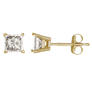 1.60 cttw Princess Cut Champagne Diamond Stud Earrings 14k Yellow Gold 4 Prong with Push Backs