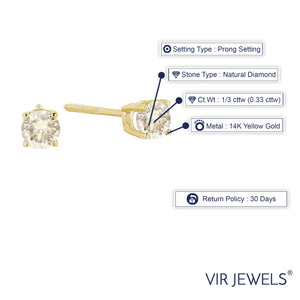 1/3 cttw Champagne Diamond Stud Earrings 14K Yellow Gold Round with Screw Backs