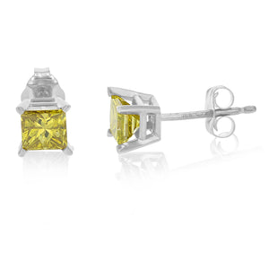 1 cttw Princess Cut Yellow Diamond Stud Earrings 14K White or Yellow Gold Square Shape