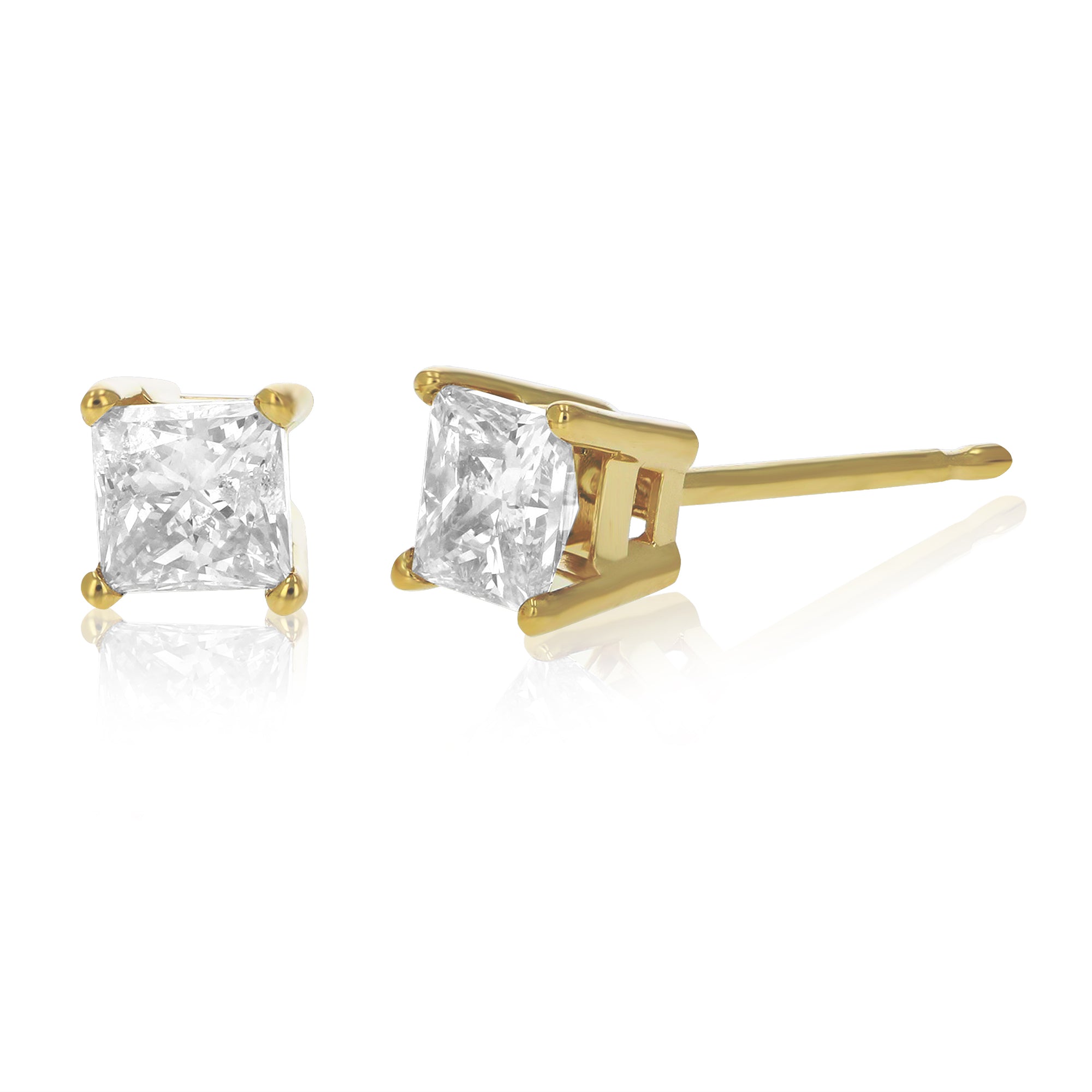 1.60 cttw Princess Cut Champagne Diamond Stud Earrings 14k Yellow Gold 4 Prong with Push Backs