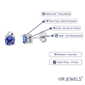 3/4 cttw Tanzanite Earrings .925 Sterling Silver Rhodium Round Prong Set