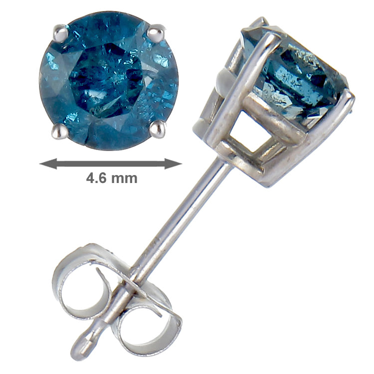 1.25 cttw Blue Diamond Stud Earrings 14k White or Yellow Gold Round Shape with Push Backs