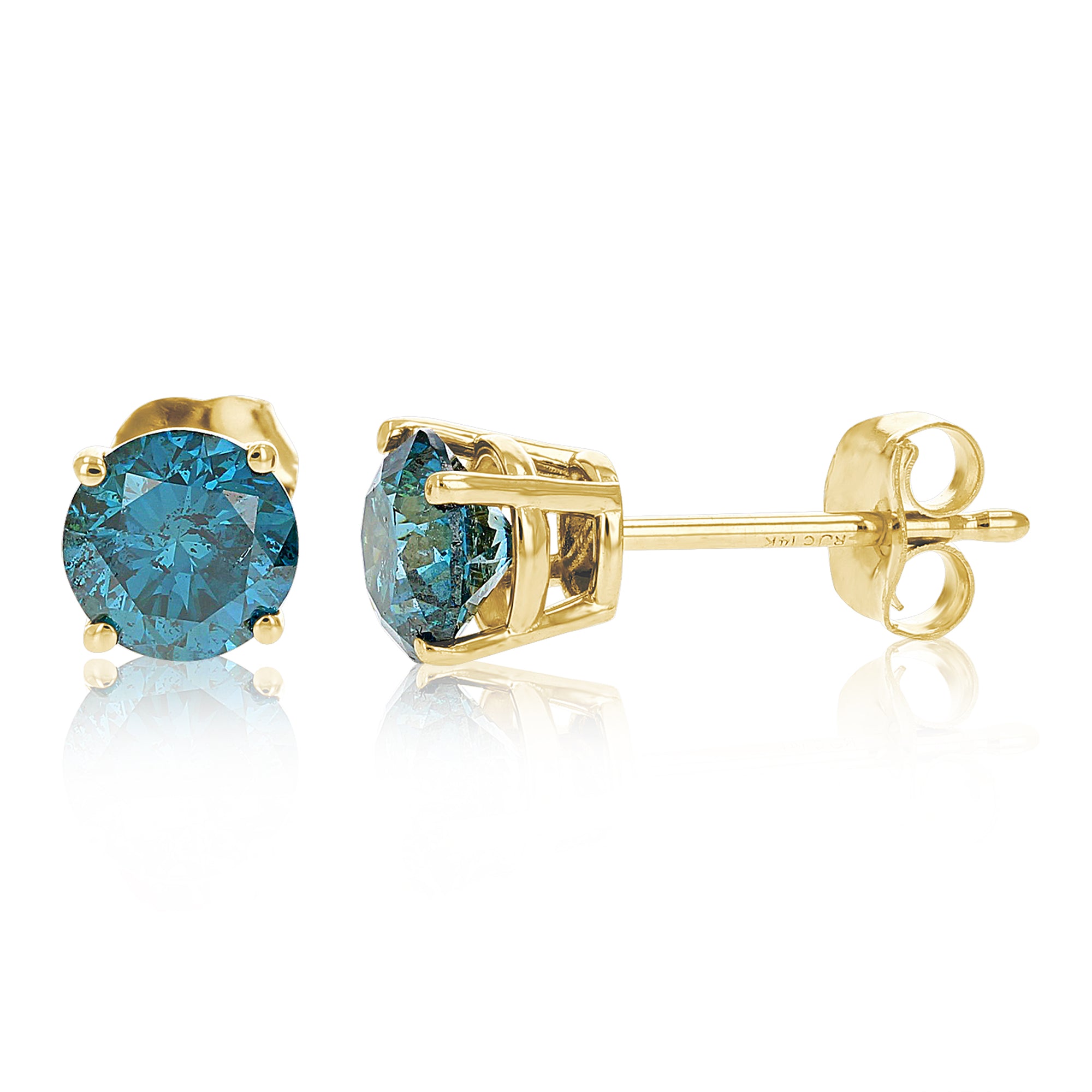 1 cttw Blue Diamond Stud Earrings 14k Yellow Gold Round Shape with Push Backs Prong Set