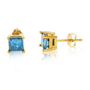 1.50 cttw Princess Cut Blue Diamond Stud Earrings 14K White or Yellow Gold Square Shape