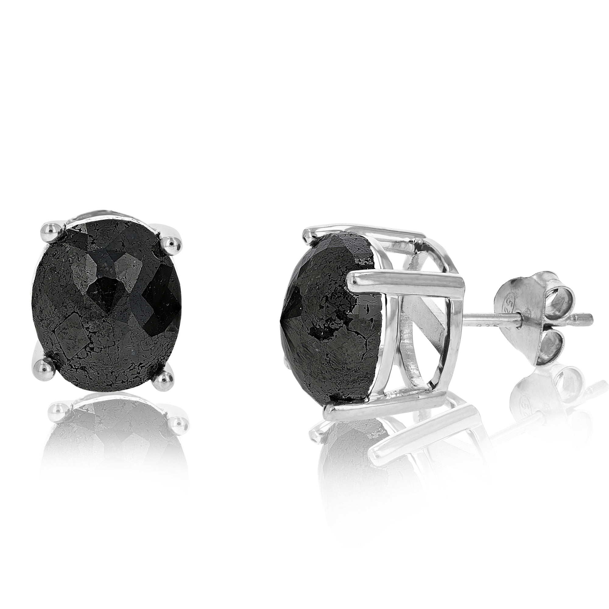 10 cttw Oval Shape Black Diamond Stud Earrings .925 Sterling Silver Prong Set