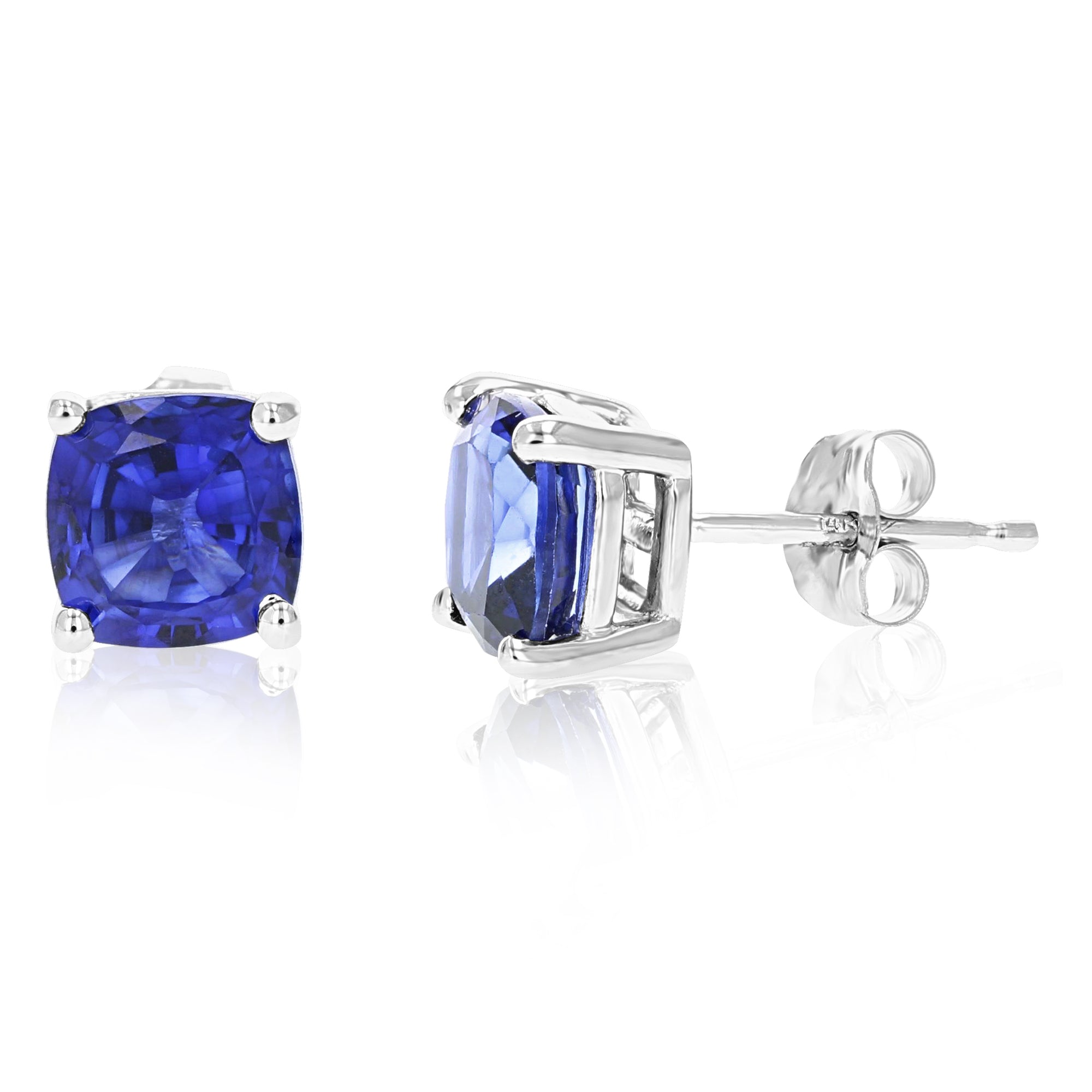 1.80 cttw 6 MM Created Blue Sapphire Stud Earrings 14K White Gold Cushion Cut with Push Backs September Birthstone