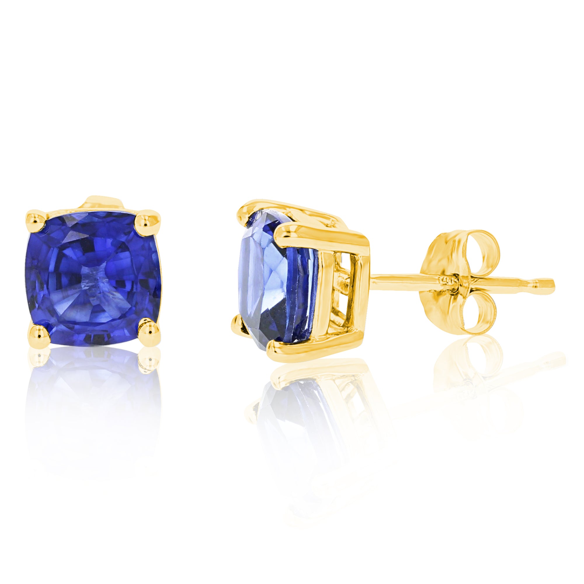 1.80 cttw 6 MM Created Blue Sapphire Stud Earrings 14K Yellow Gold Cushion Cut with Push Backs September Birthstone