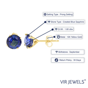 1.80 cttw Created Blue Sapphire Stud Earrings 14K Yellow Gold 6 MM Round with Push Backs September Birthstone