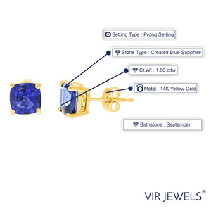 1.80 cttw 6 MM Created Blue Sapphire Stud Earrings 14K Yellow Gold Cushion Cut with Push Backs September Birthstone