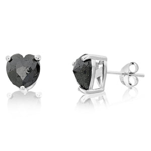 3 cttw Heart Shape Black Diamond Stud Earrings .925 Sterling Silver Prong Set