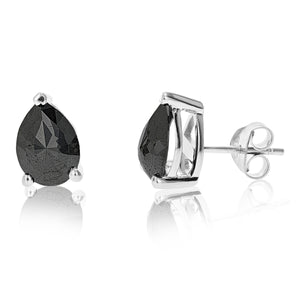 3 cttw Pear Shape Black Diamond Stud Earrings .925 Sterling Silver Prong Set