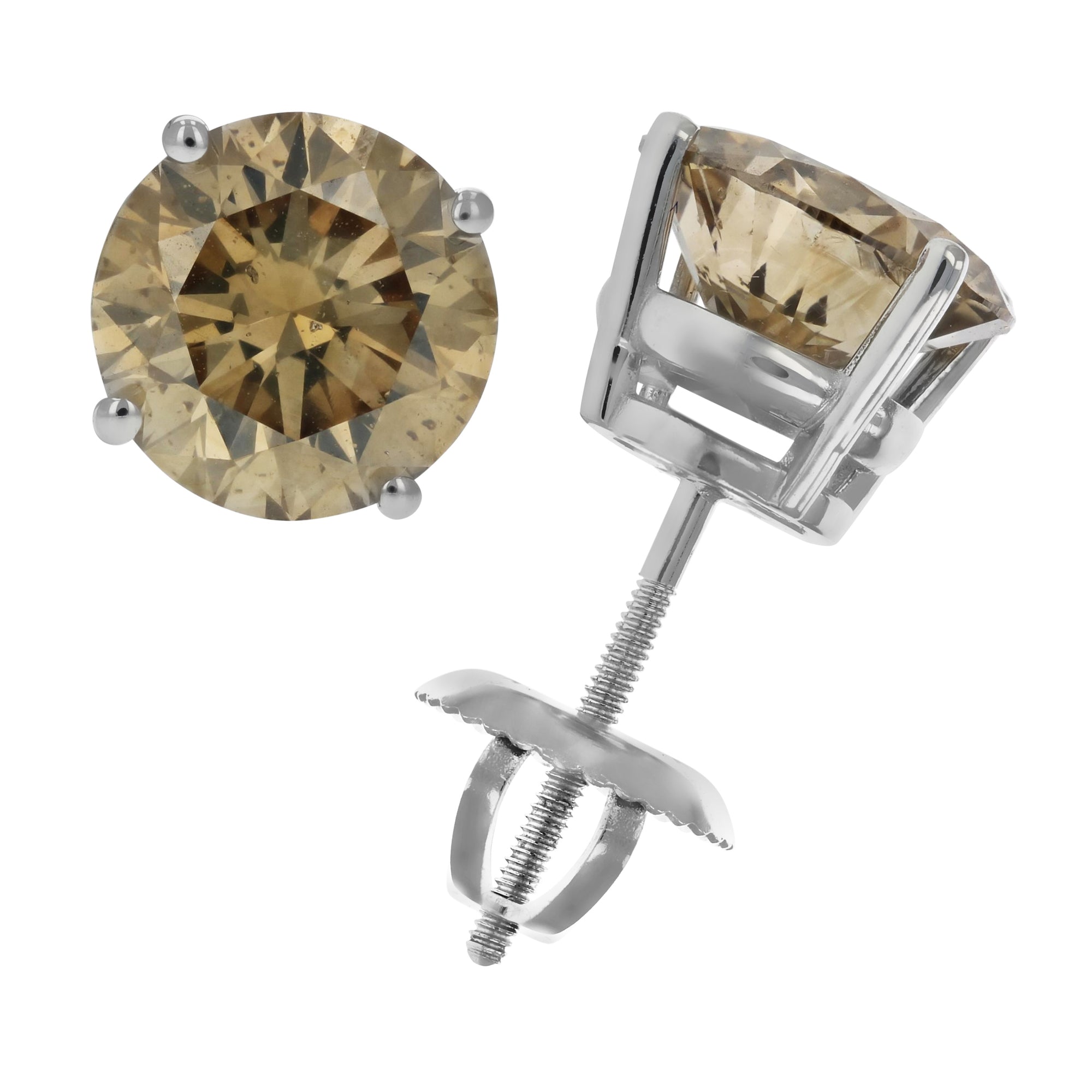 3.15 cttw IGI Certified Champagne Diamond Stud Earrings 14K White Gold Round with Screw Backs