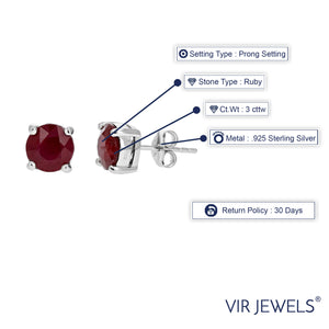 3 cttw Ruby Earrings .925 Sterling Silver Rhodium Round Prong July Birthstone