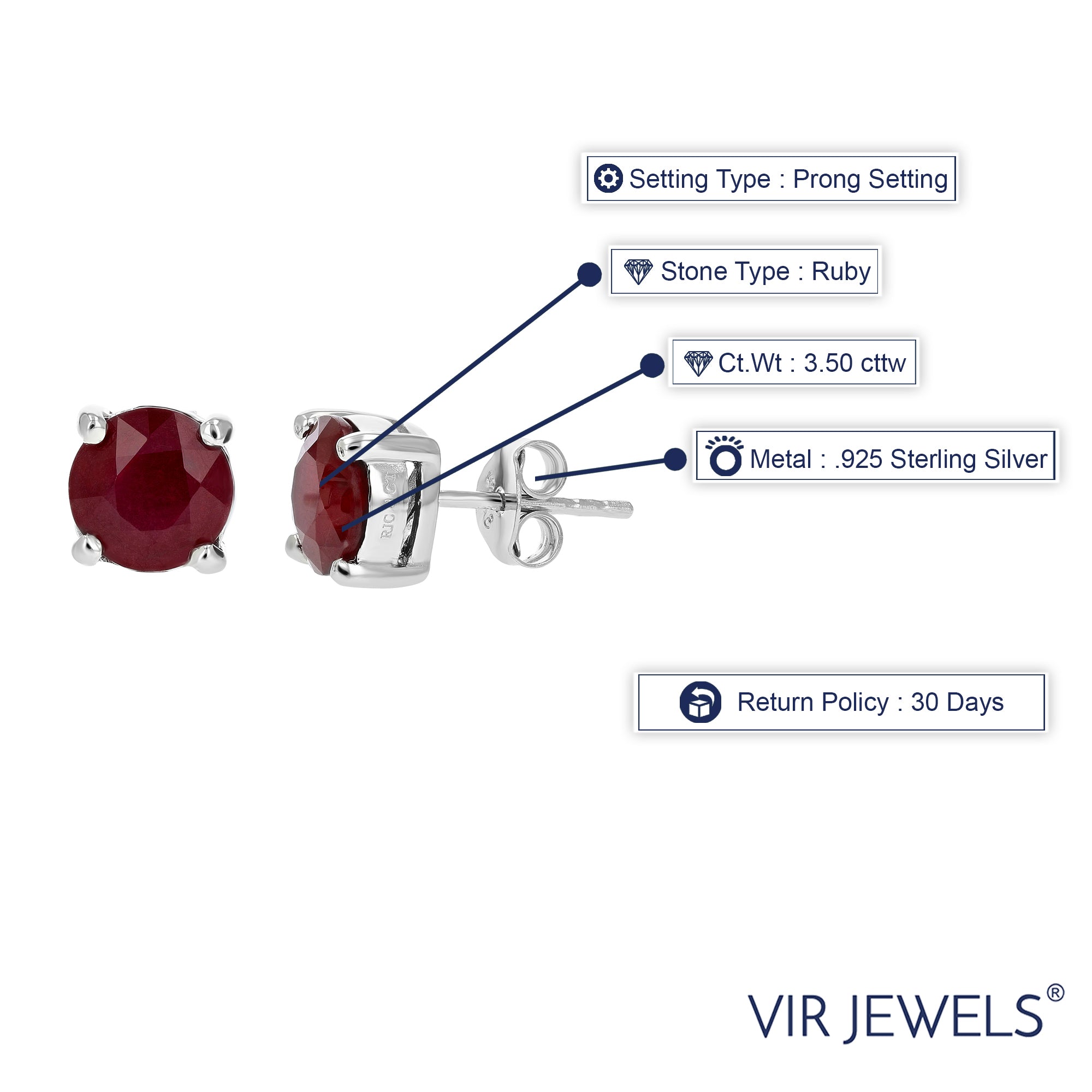 3.50 cttw Ruby Earrings .925 Sterling Silver Rhodium Round Prong July Birthstone