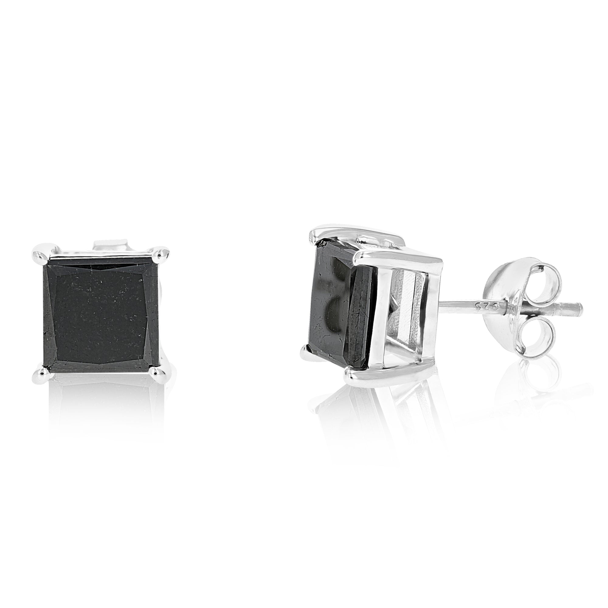 4 cttw Princess Cut Black Diamond Stud Earrings .925 Sterling Silver Prong Set