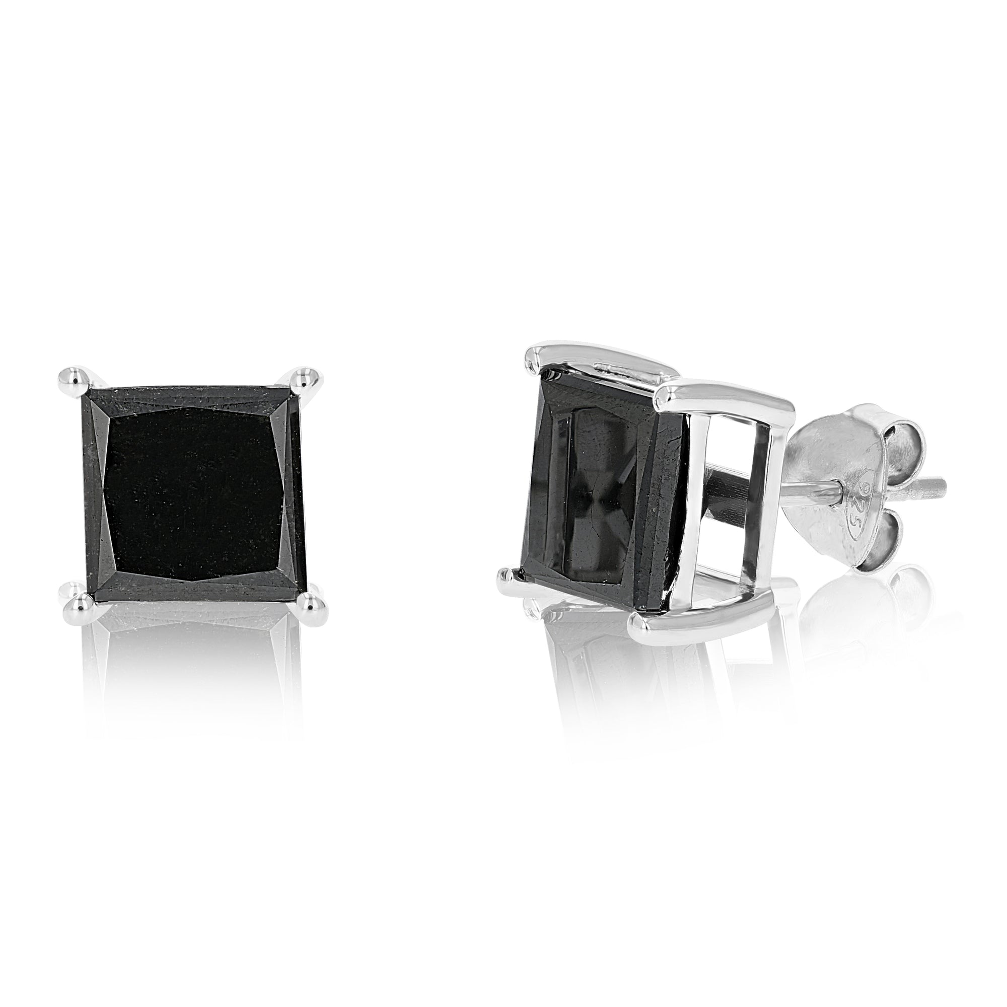 6 cttw Princess Cut Black Diamond Stud Earrings .925 Sterling Silver Prong Set