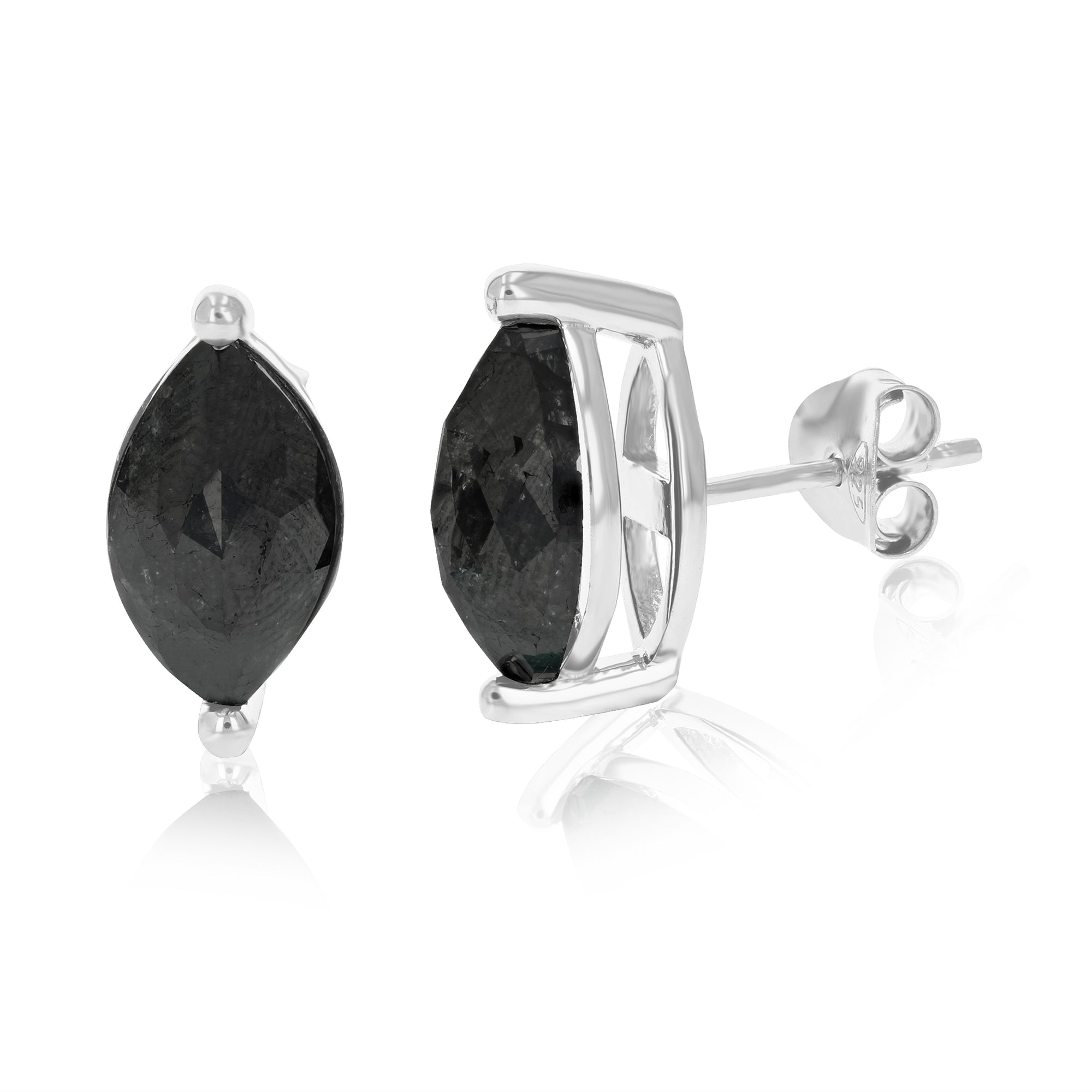 6 cttw Marquise Shape Black Diamond Stud Earrings .925 Sterling Silver Prong Set