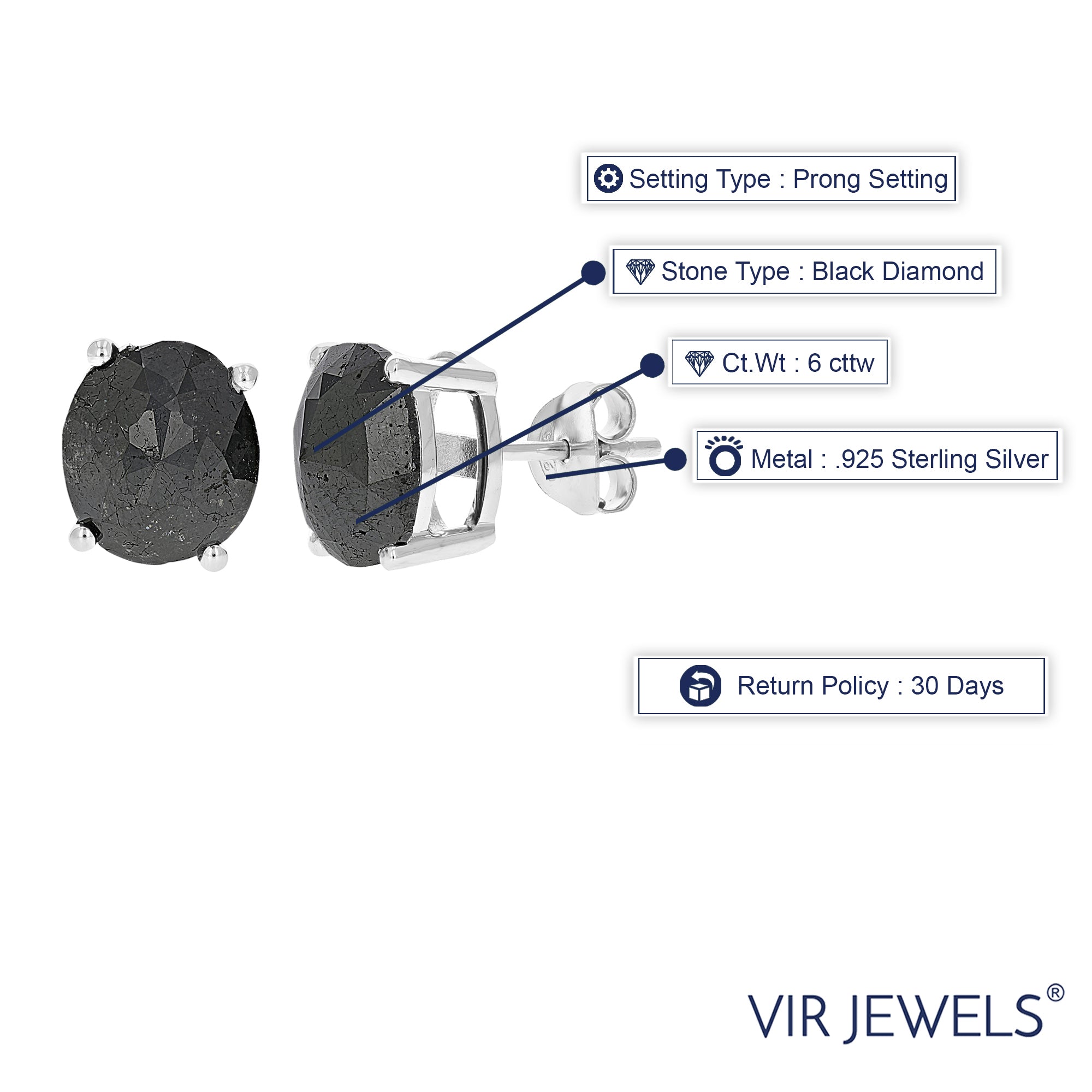 6 cttw Oval Shape Black Diamond Stud Earrings .925 Sterling Silver Prong Set