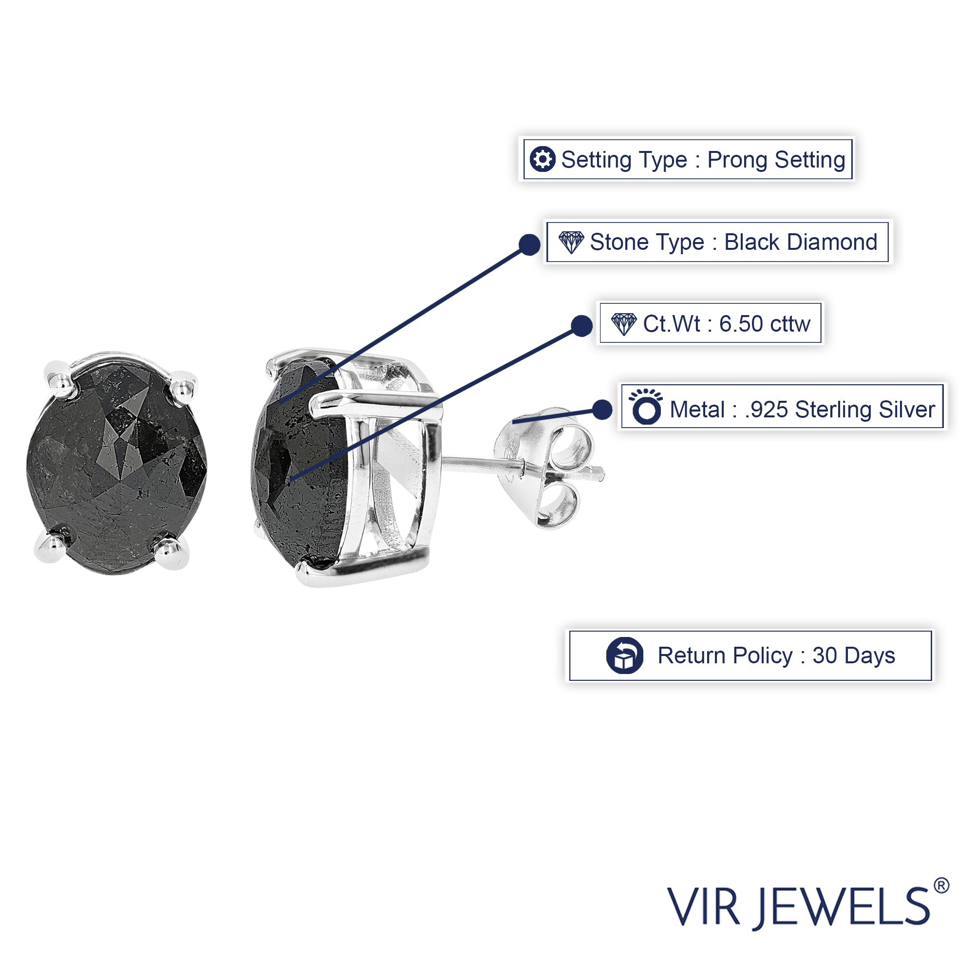 6.50 cttw Oval Shape Black Diamond Stud Earrings .925 Sterling Silver Prong Set
