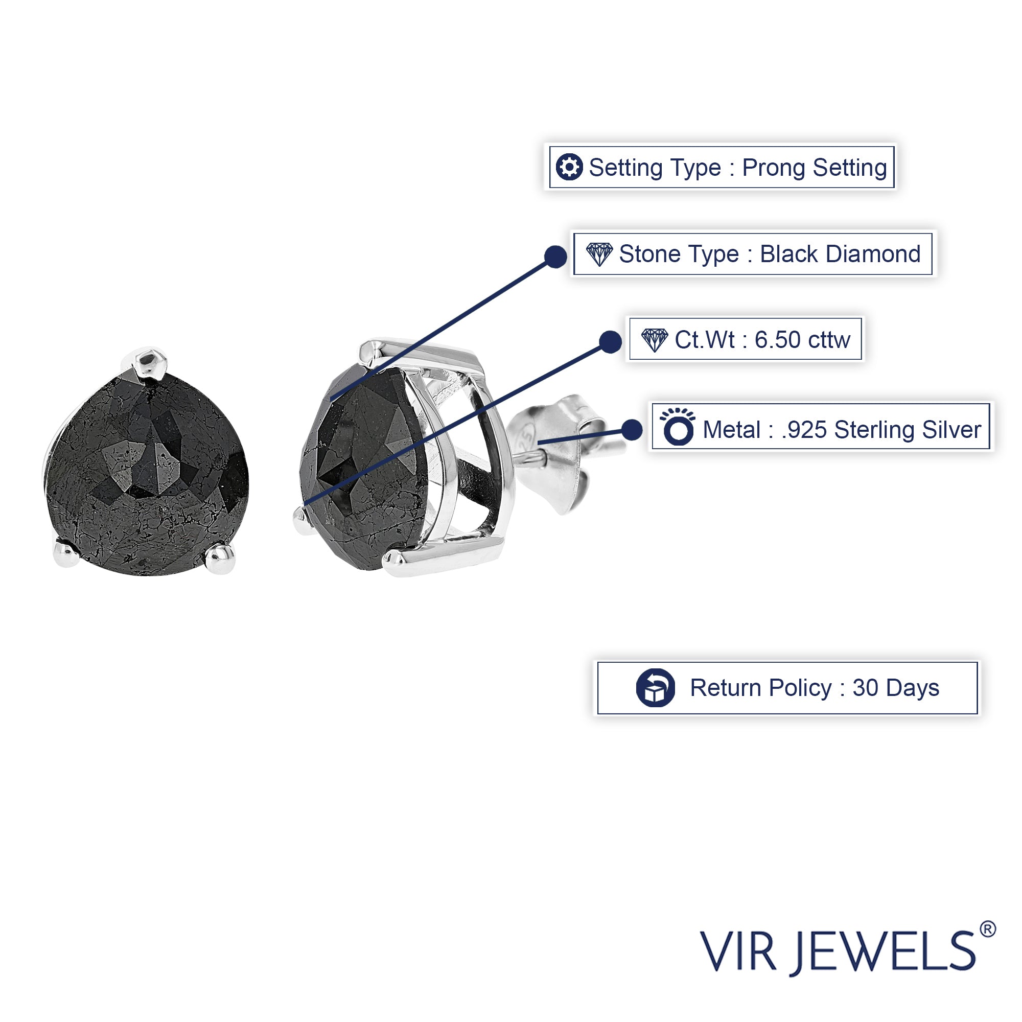 6.50 cttw Pear Shape Black Diamond Stud Earrings .925 Sterling Silver Prong Set