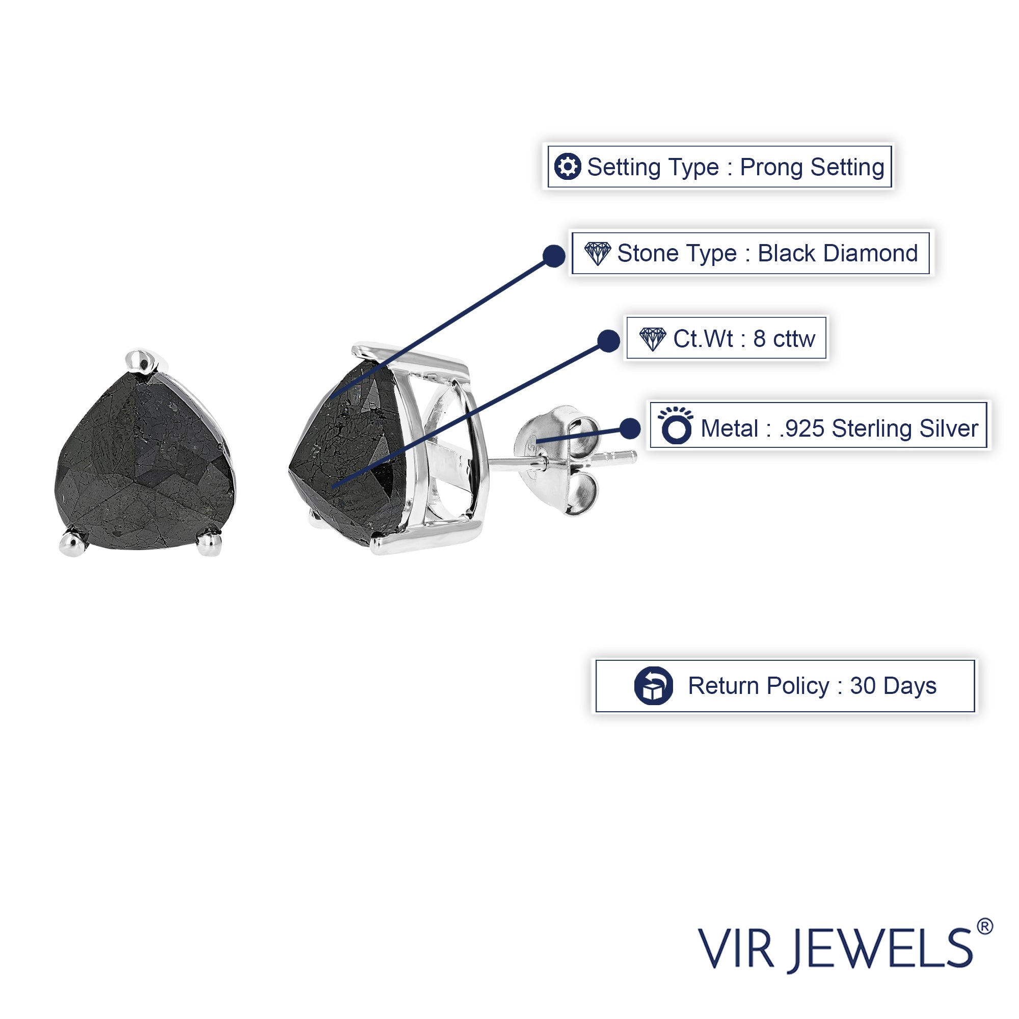 8 cttw Pear Shape Black Diamond Stud Earrings .925 Sterling Silver Prong Set