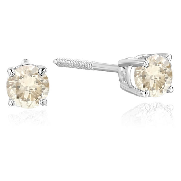 1/2 to 2 cttw Champagne Diamond Stud Earrings 14K White Gold Round Screw Backs