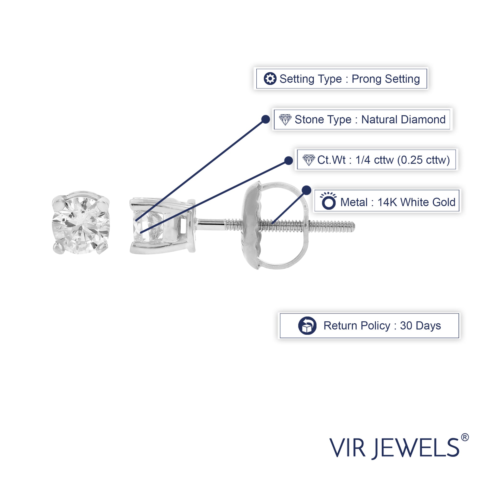 1/4 to 1 cttw VS2-SI1 Certified Diamond Stud Earrings 14K White Gold Screw Backs