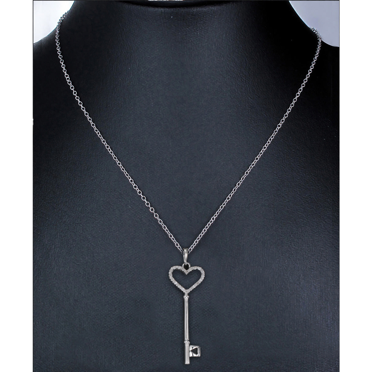 1/8 cttw Diamond Pendant, Diamond Heart and Key Pendant Necklace for Women in .925 Sterling Silver with Rhodium, 18 Inch Chain, Prong Setting