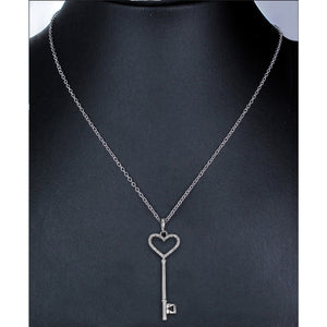 1/8 cttw Diamond Pendant, Diamond Heart and Key Pendant Necklace for Women in .925 Sterling Silver with Rhodium, 18 Inch Chain, Prong Setting